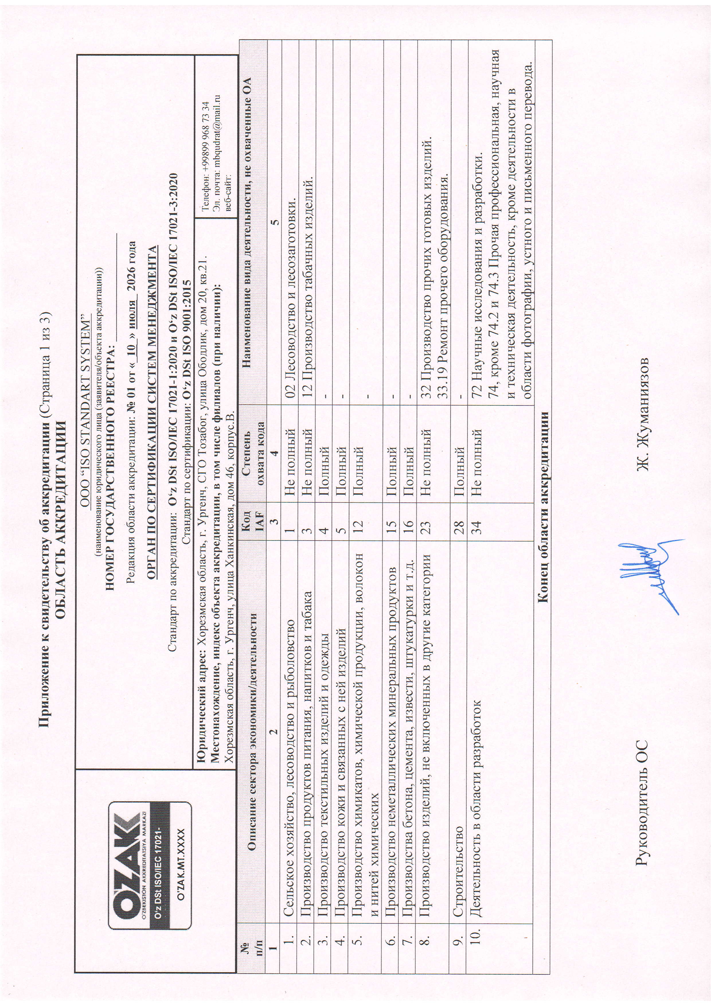 Область аккредитации ООО ISO STANDART SYSTEM